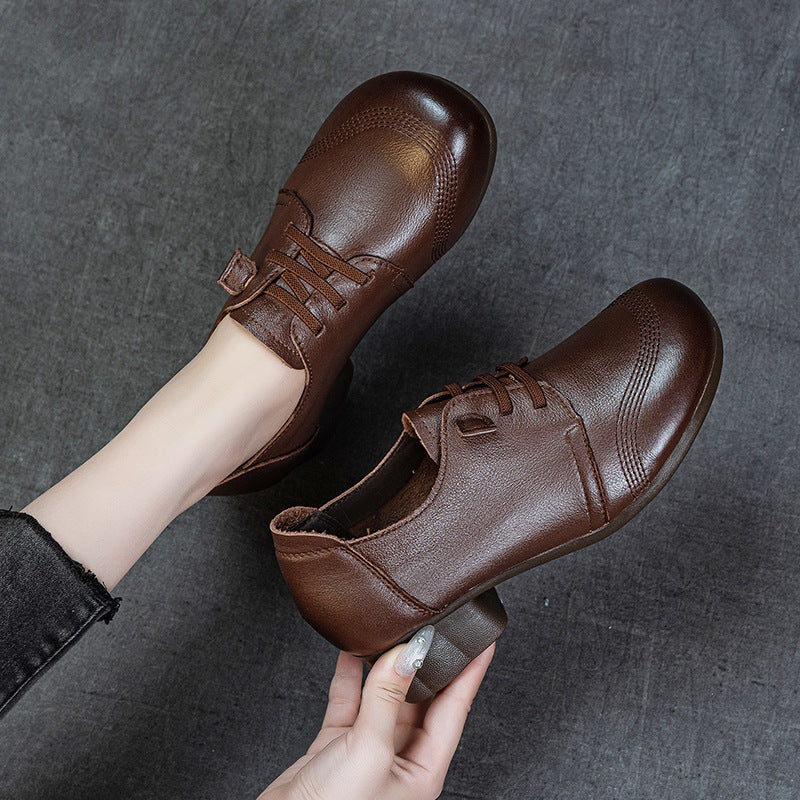 Women's Leather Low Block Heel Lace-Up Casual Shoes