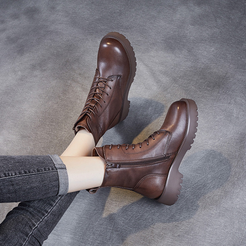 Women's Genuine Leather Casual Combat Boots with Side Zipper Closure