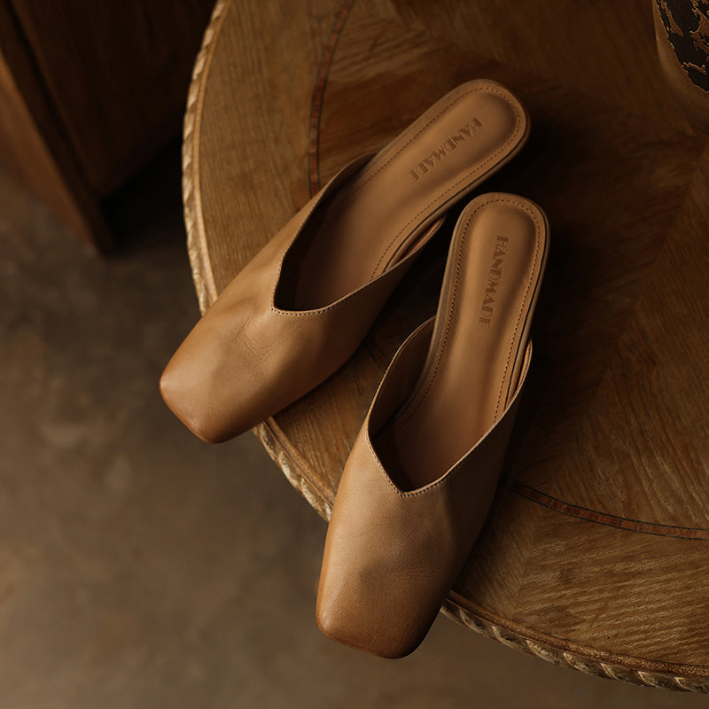 Women's Minimalist Leather V-Neck Mules Mid-Heel - Sophisticated Summer Casual Slip-ons