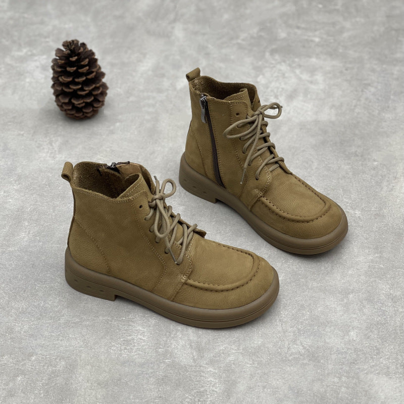 Comfy Vintage Zip Ankle Boots for Women – Lace Up Soft Leather Style