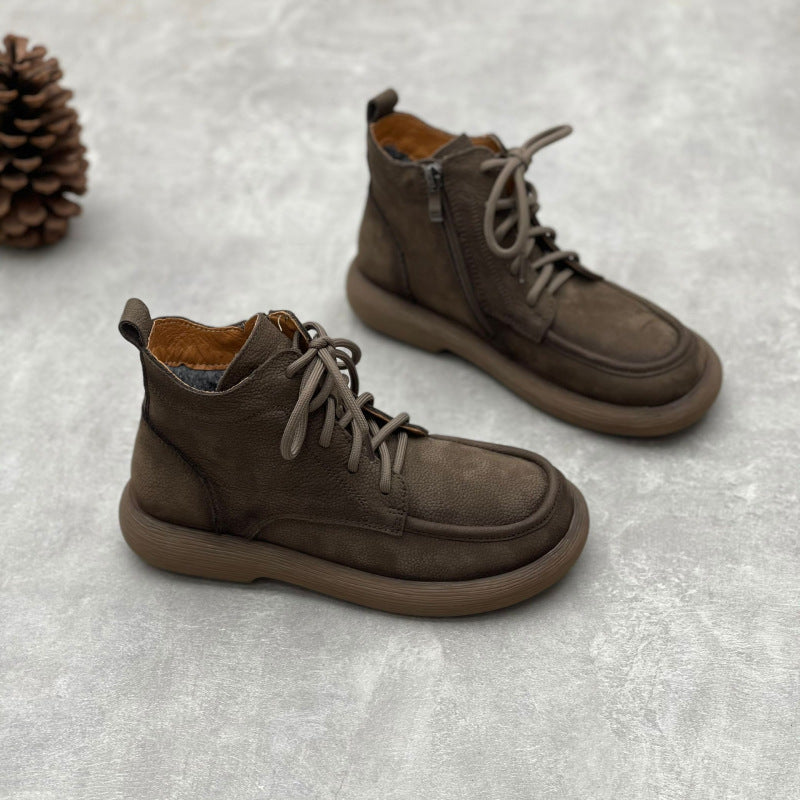 Women's Vintage Leather Lace-Up Zipper Ankle Boots – Flat Casual Comfort