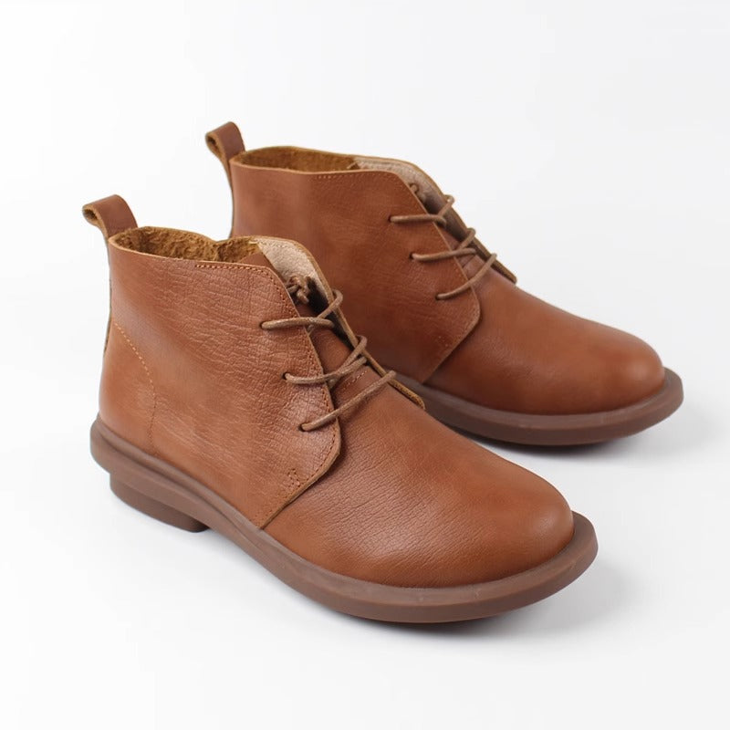 Women's Handmade Leather Casual Flat Lace Up Ankle Boots
