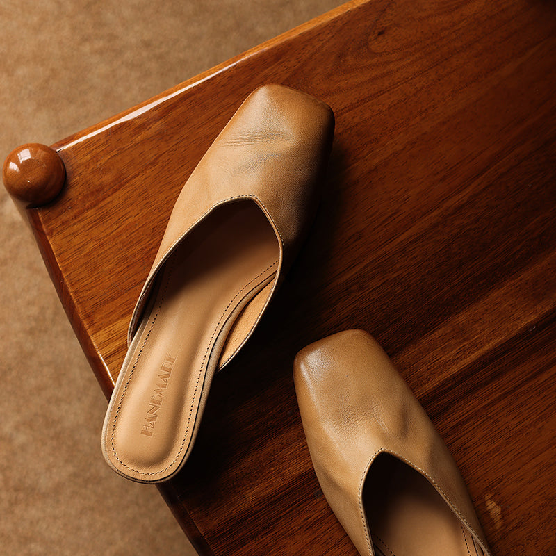 Women's Minimalist Leather V-Neck Mules Mid-Heel - Sophisticated Summer Casual Slip-ons