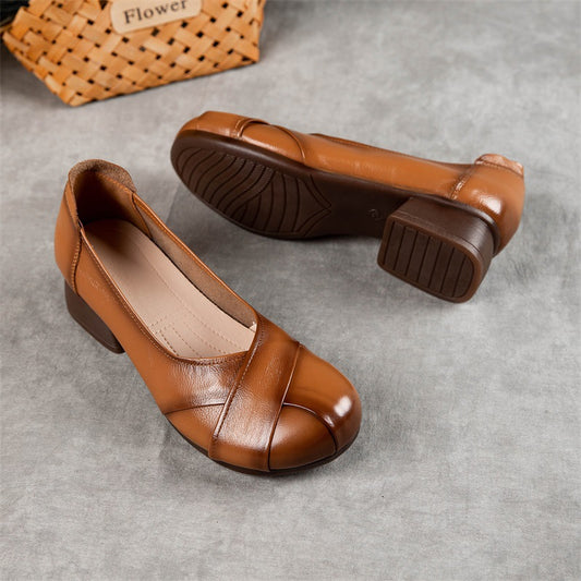 Women's Leather Comfort Overlay Glove Pump Low Heel Block Heel