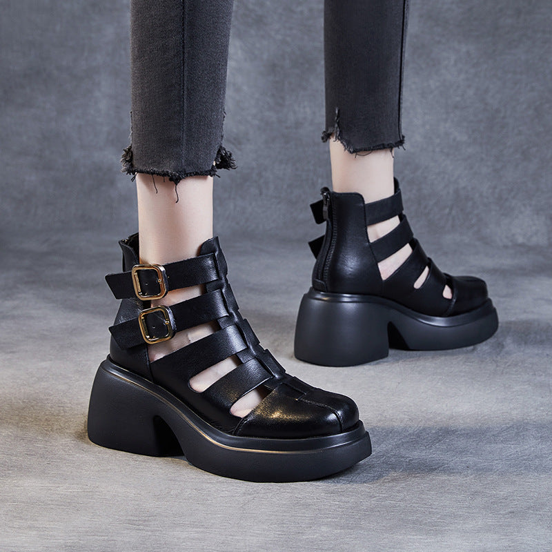 Avant-Garde Burnished Leather Summer Lightweight Sandals for Women - Chunky Platform Cut-out Boots