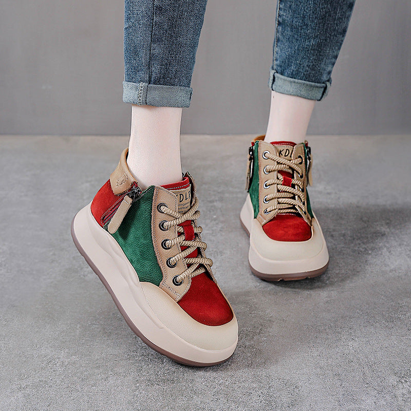 Women’s Leather Colour-Block High-Top Platform Boots – Side Zip Casual Shoes