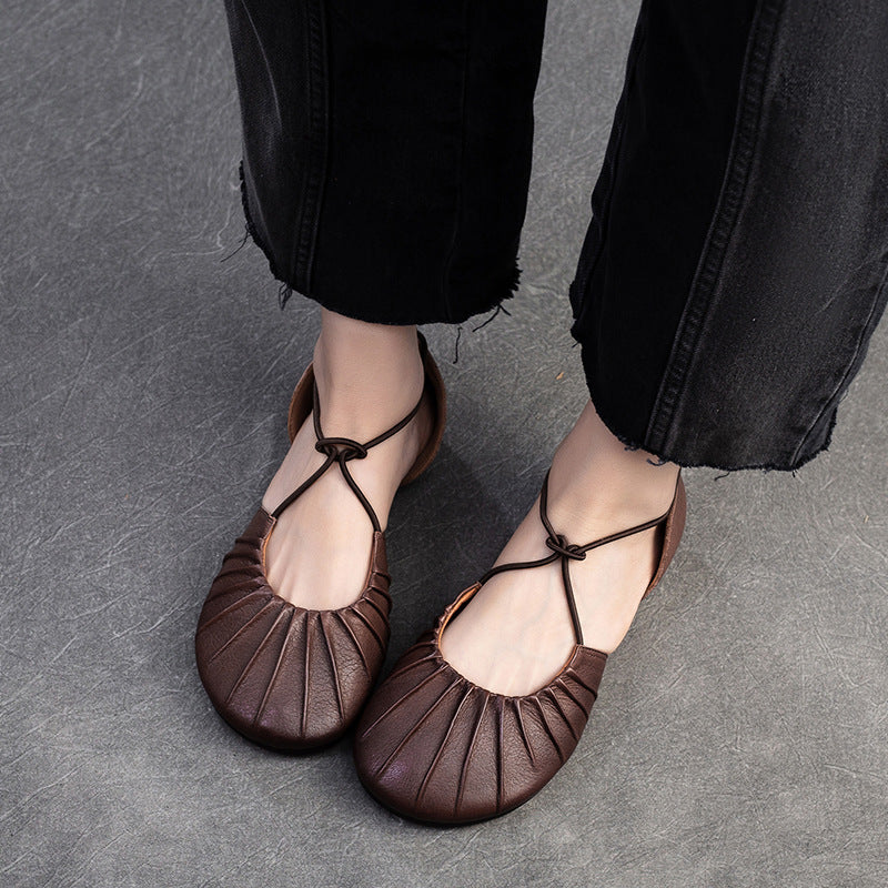 Women's Pleated Cowhide Flats - Wide-Toe Closed-Toe Sandals - Elastic Cross-Strap