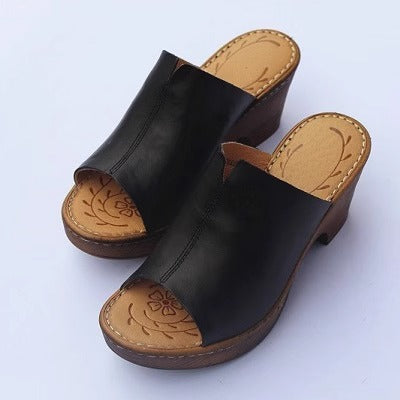 Women's Vintage Platform Block Heel Open Toe Mule Sandals