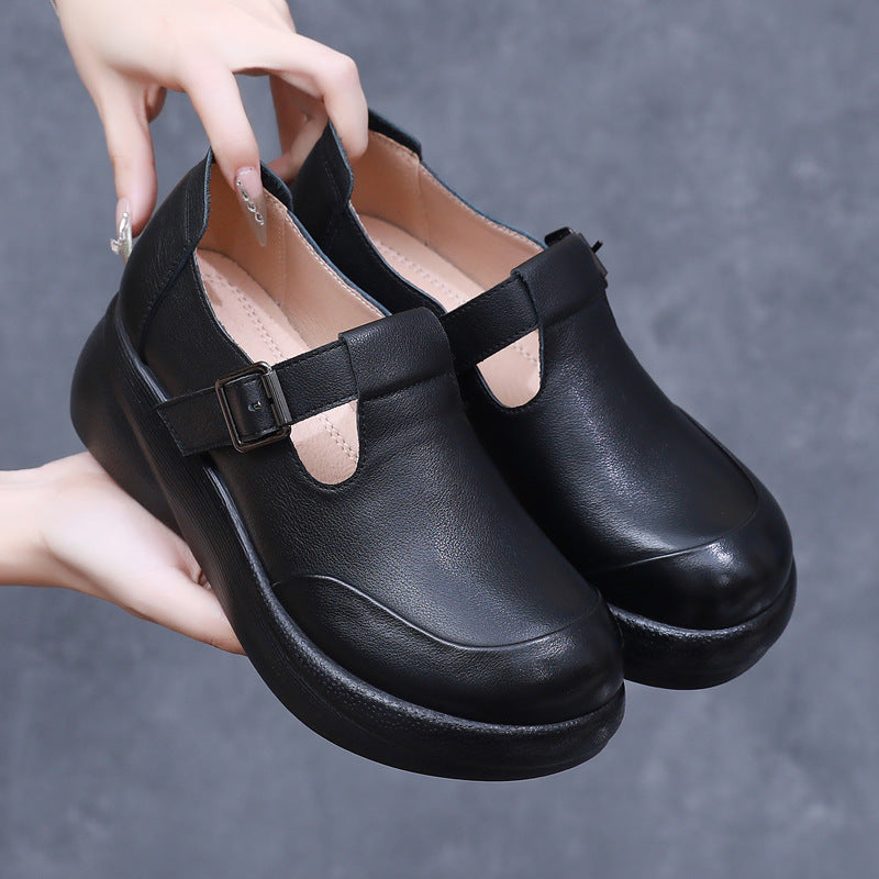 Women's Leather Chunky Round Toe Platform Shoes - Ergonomic Wedge T-Strap Mary Janes