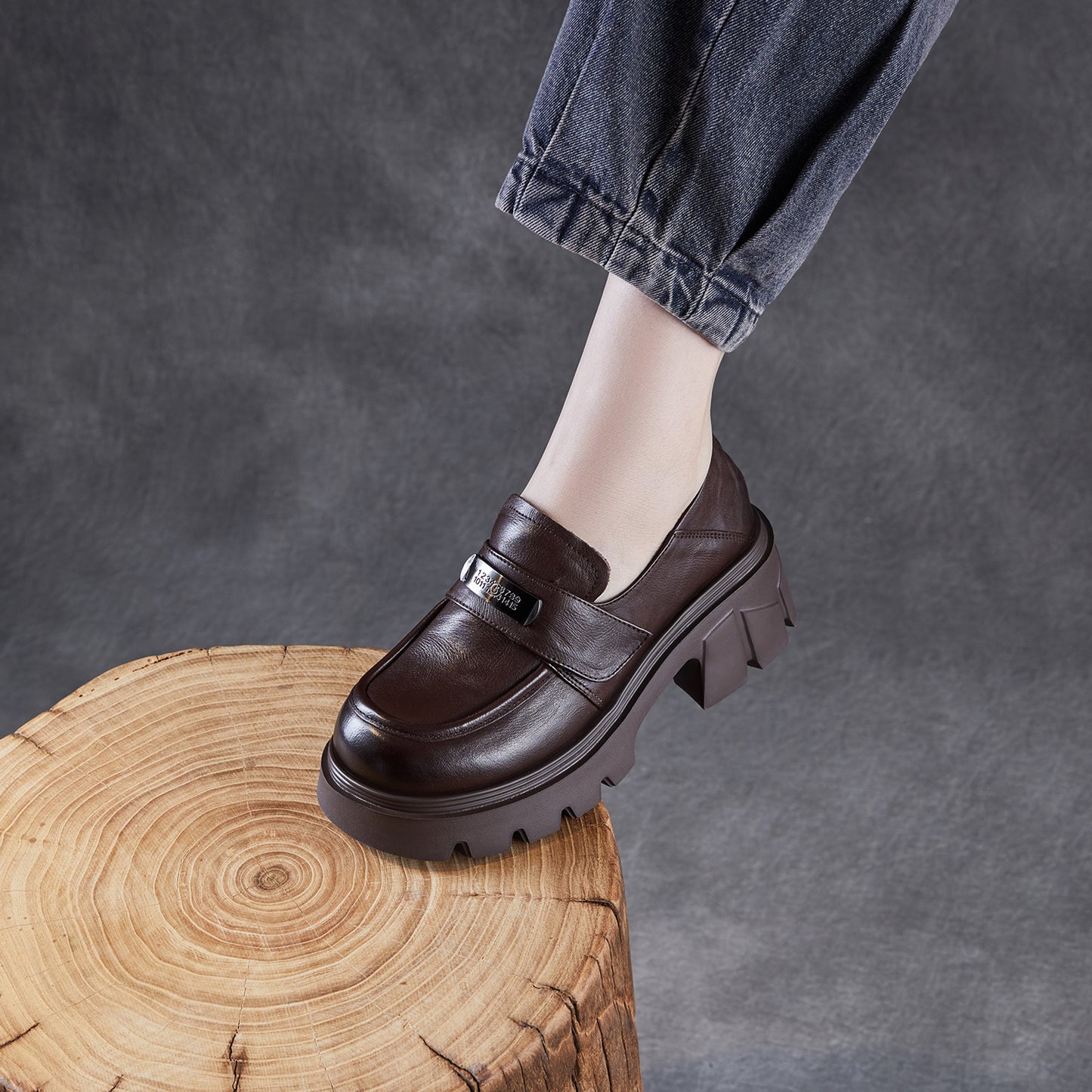 Women’s Leather Platform Block Heel Loafers – Vintage Metal Detail