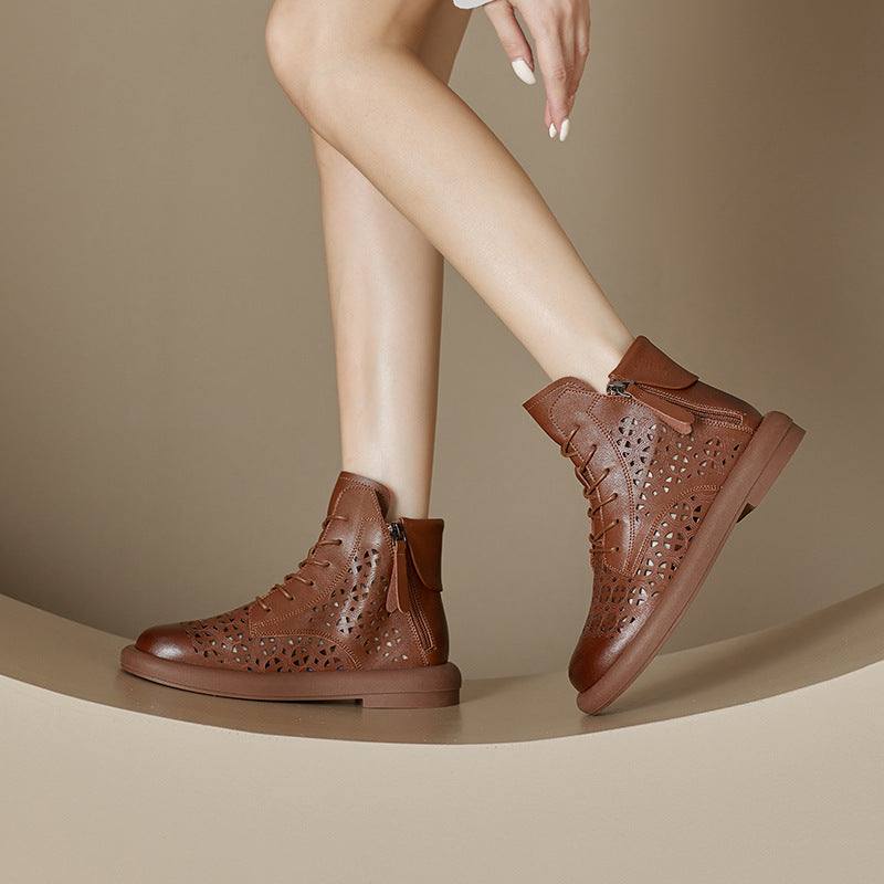Women's Artisan Hollow-Out Summer Ankle Boots Laces & Zipper Closure
