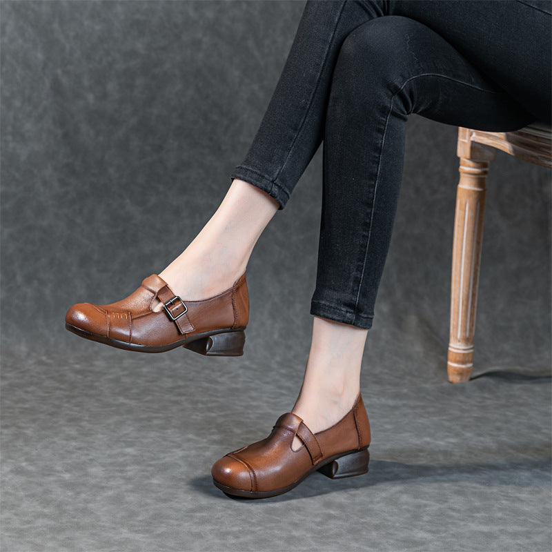 Women's Leather Casual Buckle Up Slip On Low Heeled Loafers