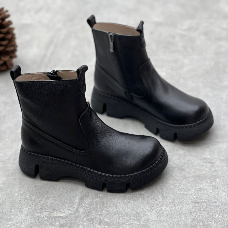 Women's Leather Side Zipper Platform Boots – Comfortable & Casual