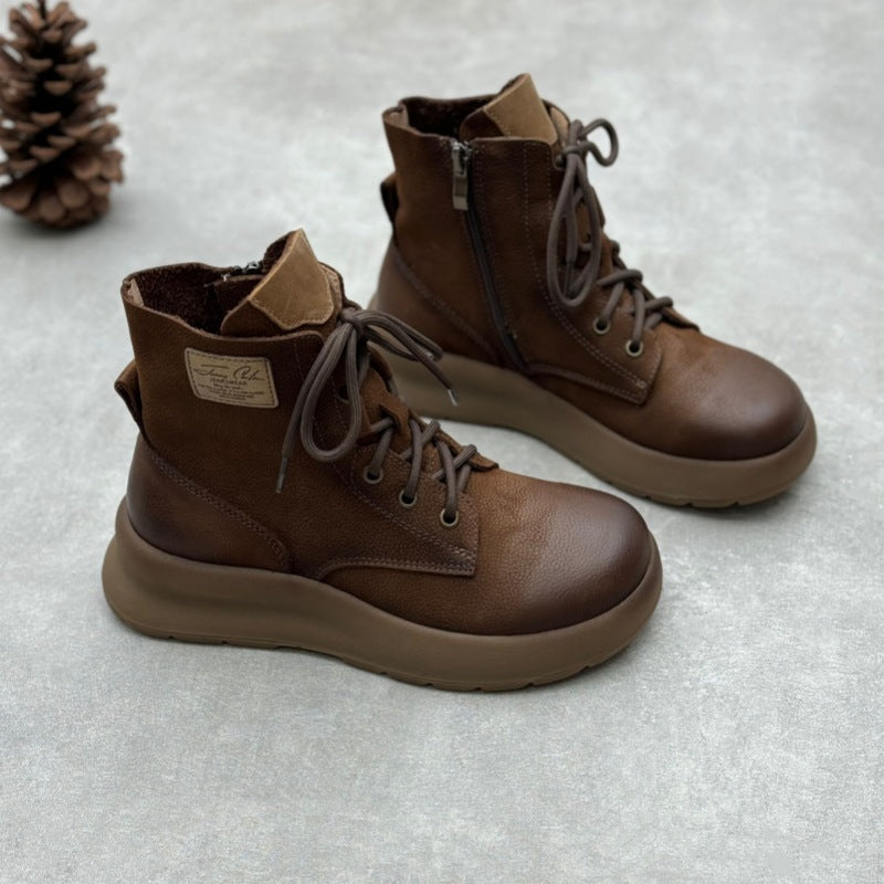 Women's Genuine Leather Vintage Casual Side Zipper Platform Ankle Boots