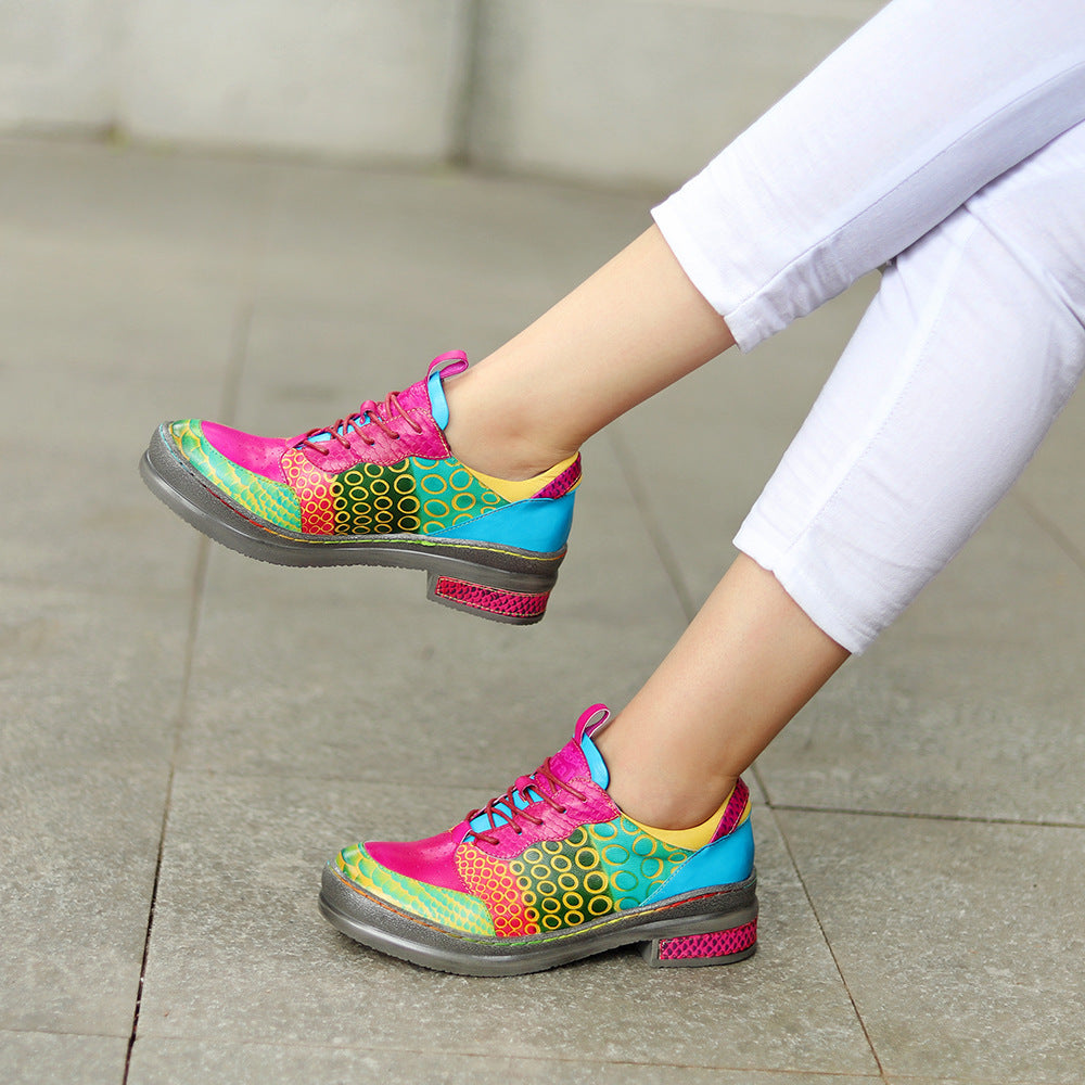 Dopamine Style Vibrant Leather Flats for Women - Artsy Geometric Print Lace-up Casual Shoes