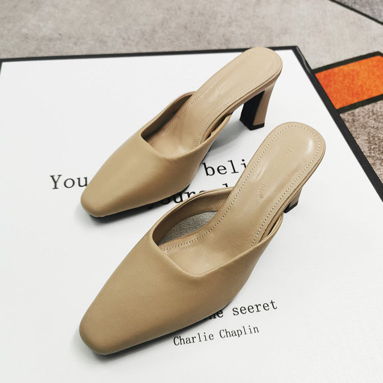 Women's Leather Square Toe High Heeled Mule Shoes