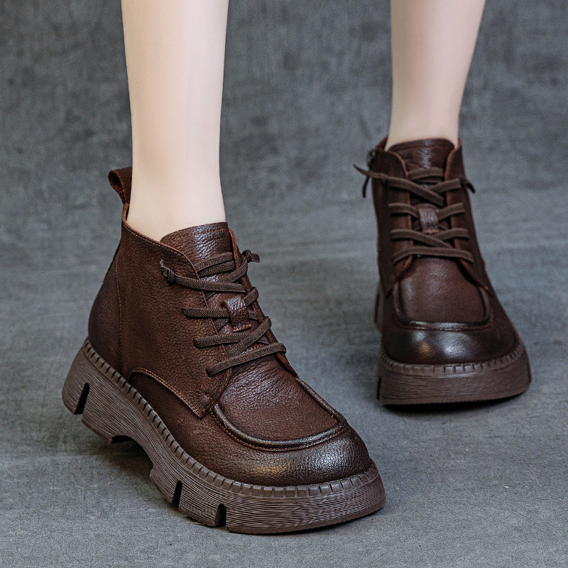 Women's Vintage Leather Platform Ankle Boots – Lace-Up Zipper Non-Slip Style