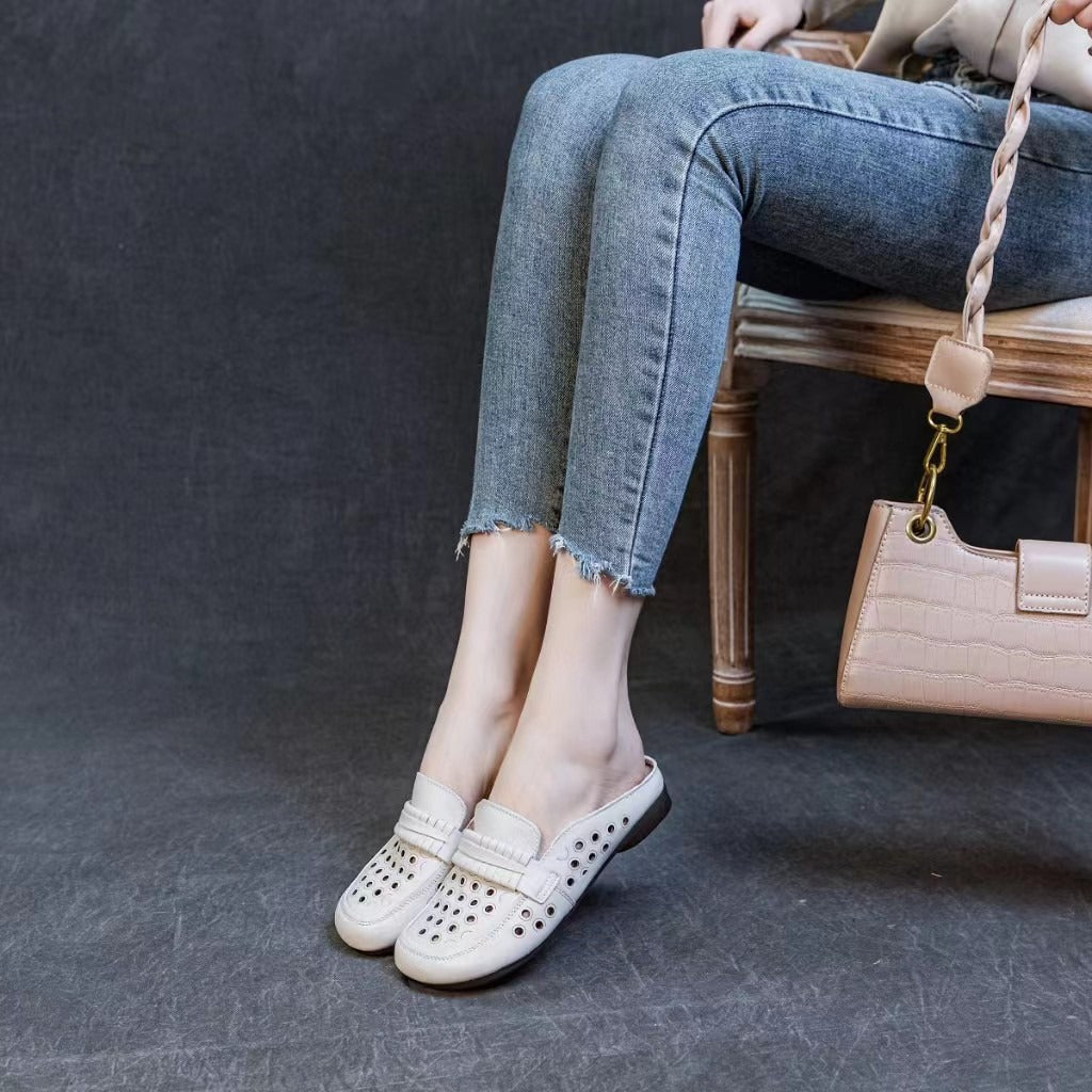 Women's Leather Summer Hollow Out Flat Mule Shoes