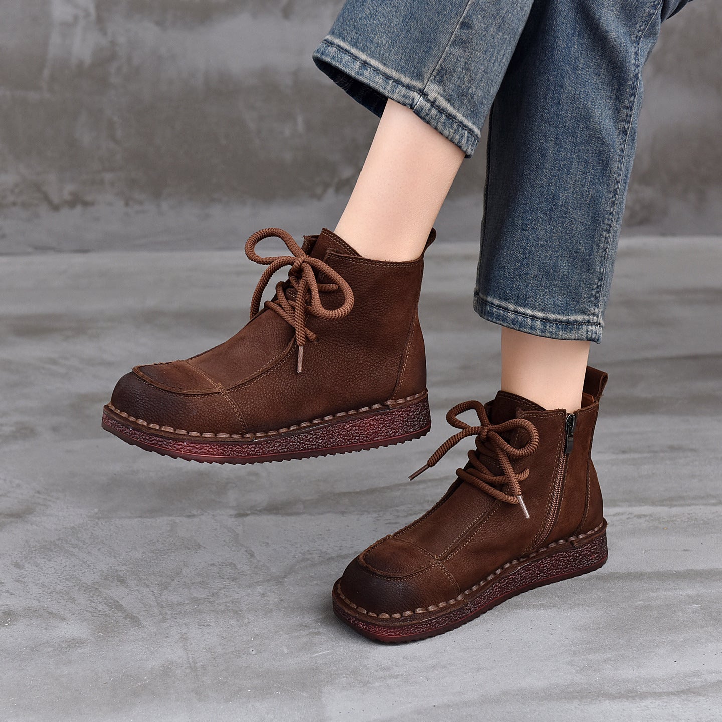 Women's Vintage Leather Ankle Boots – Soft Flat Lace-Up Zipper Short Shoes