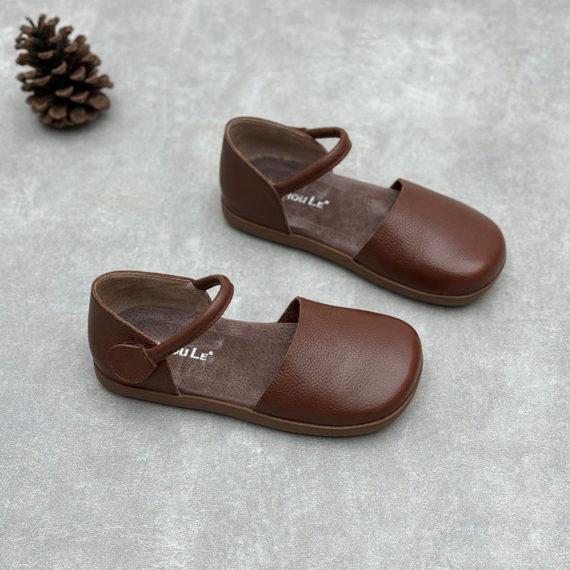 Women’s Retro Leather Closed Toe Sandals – Soft Flat Single Strap Casual Style