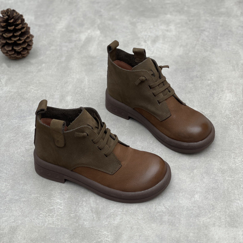 Women's Comfortable Leather Short Boots – Round Toe Patchwork Ankle Shoes