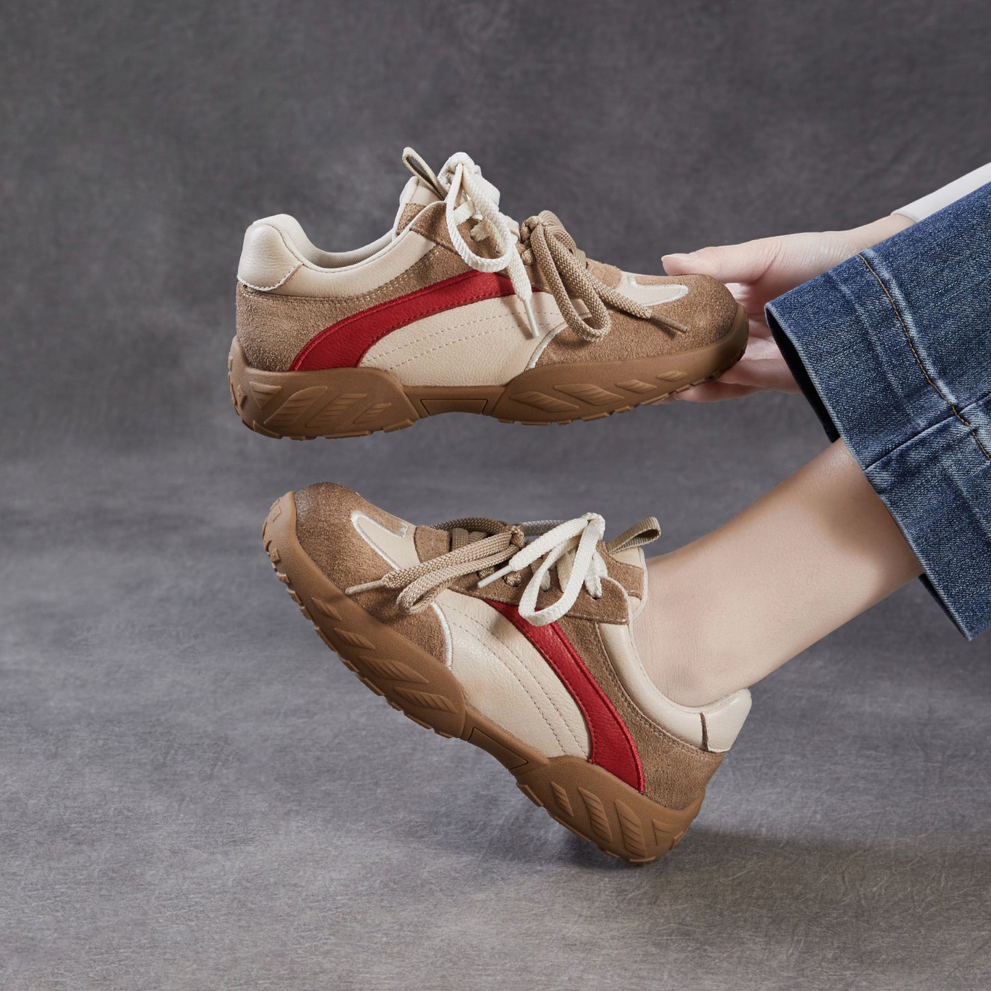 Women’s Leather Patchwork Trainers – Lightweight Spring Lace-Up Casual Shoes