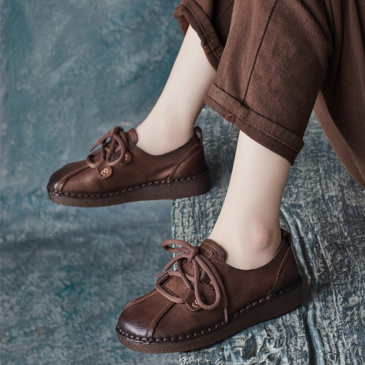 Women's Casual Walking Shoe Leather Soft Sole Lace Up Flat Shoes