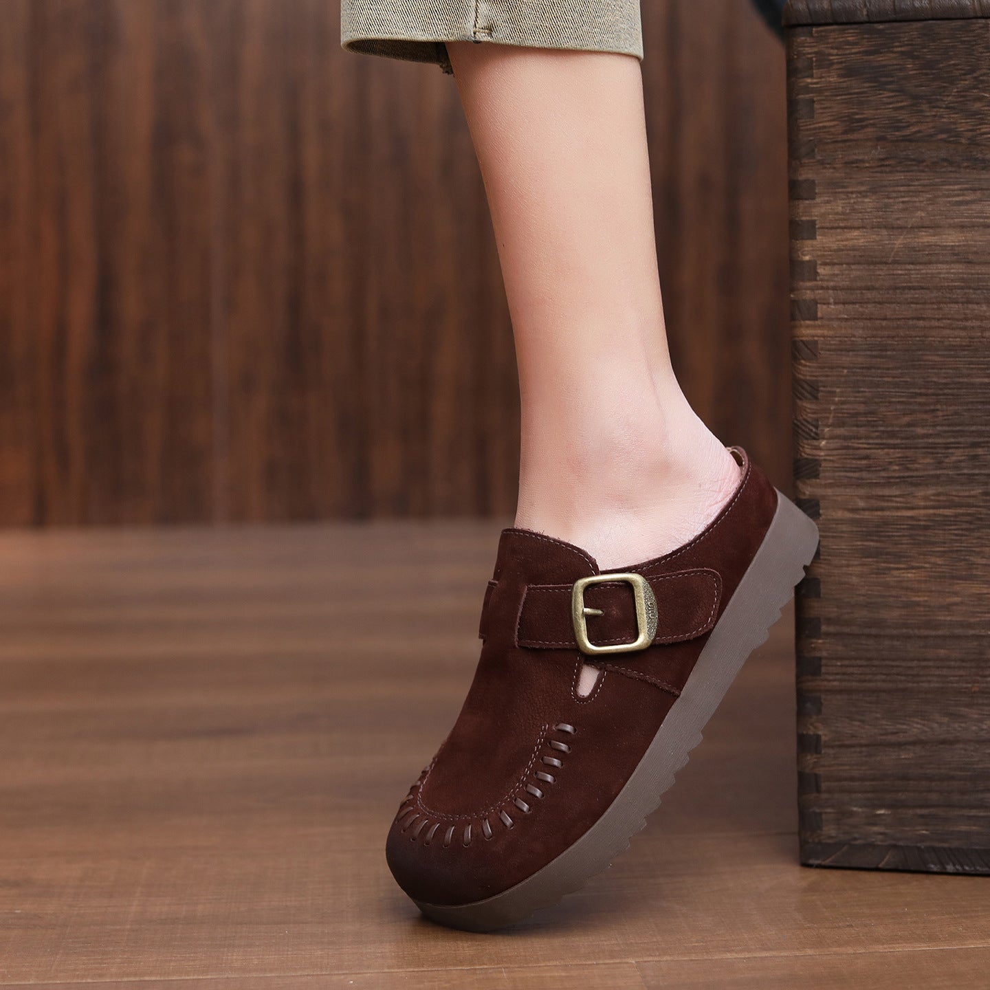 Women's Vintage Leather Mules - Hand-Stitched Artisanal Buckle Slides