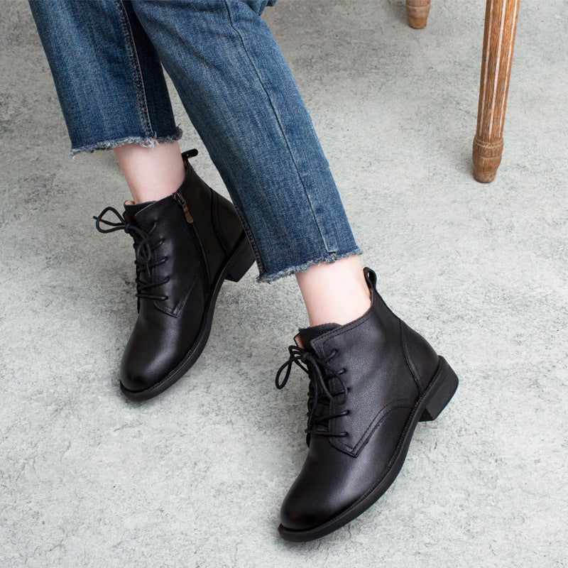 Women's Classic Genuine Leather Ankle Boots – Lace-Up with Side Zipper Closure