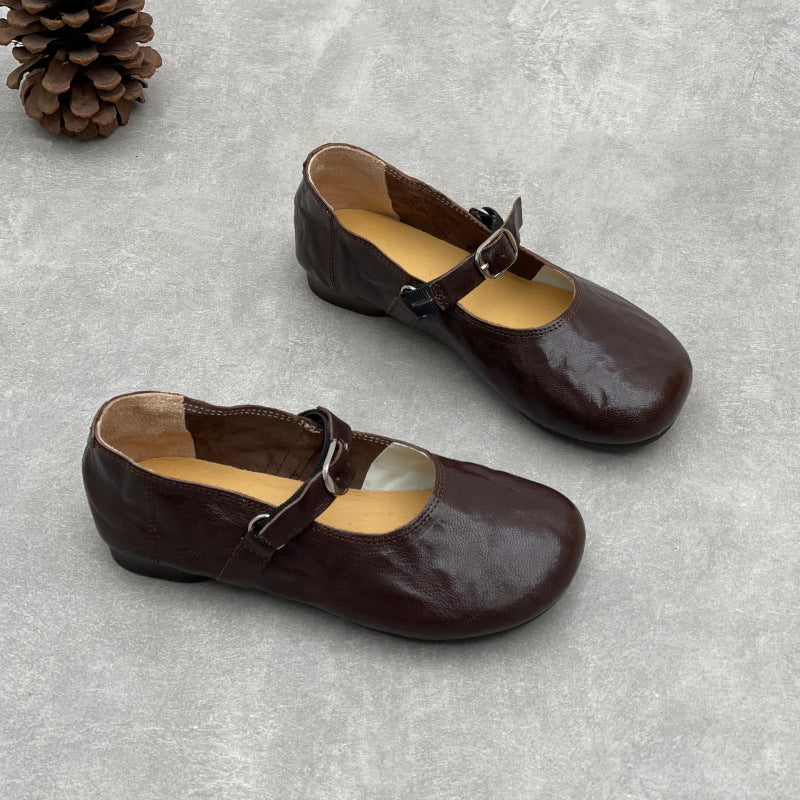 Women’s Handmade Sheepskin Mary Jane Flats – Vintage Round Toe Slip-On Shoes