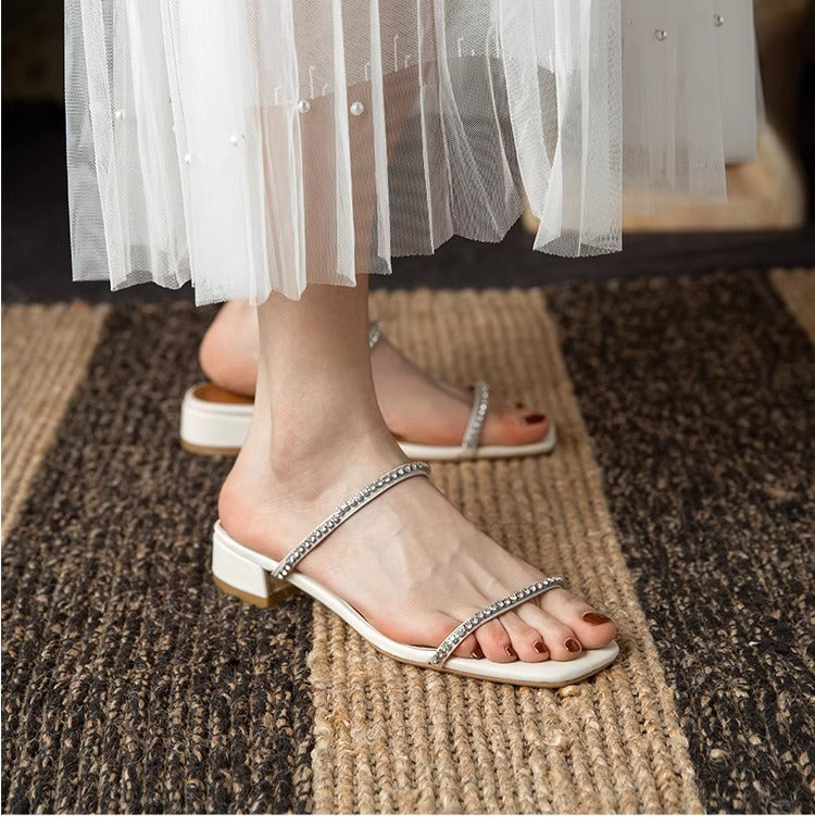 Women's Rhinestone Low Heel Sandals – Minimalist French Style for Summer