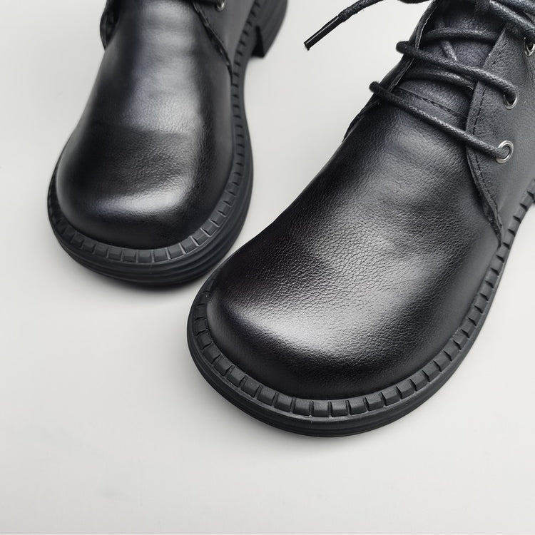 Wide Toe Leather Ankle Boots for Women – Lace-up Handmade Shearling Winter Shoes