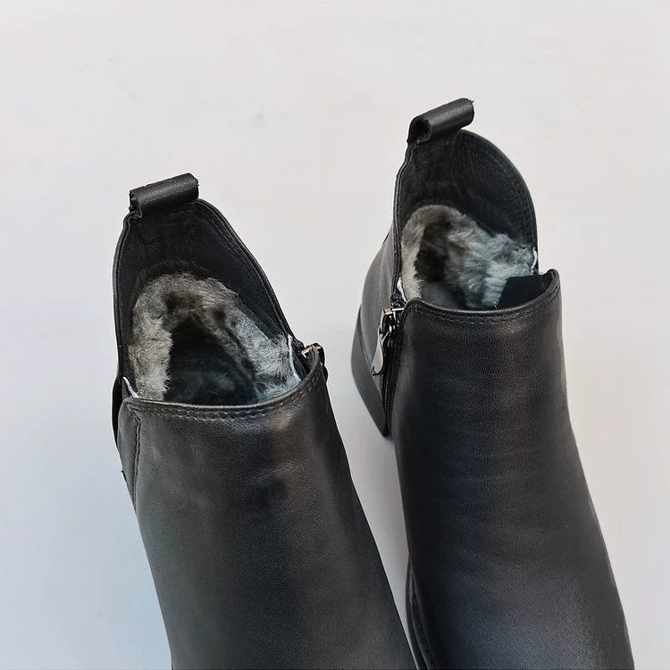 Women's Genuine Leather Ankle Boots Low Block Heel Side Zip Ankle Booties