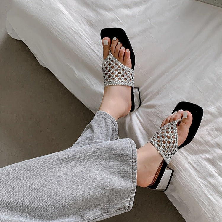 Women's Mesh Mid Heel Slide Sandals – Block Heel Toe Loop Design