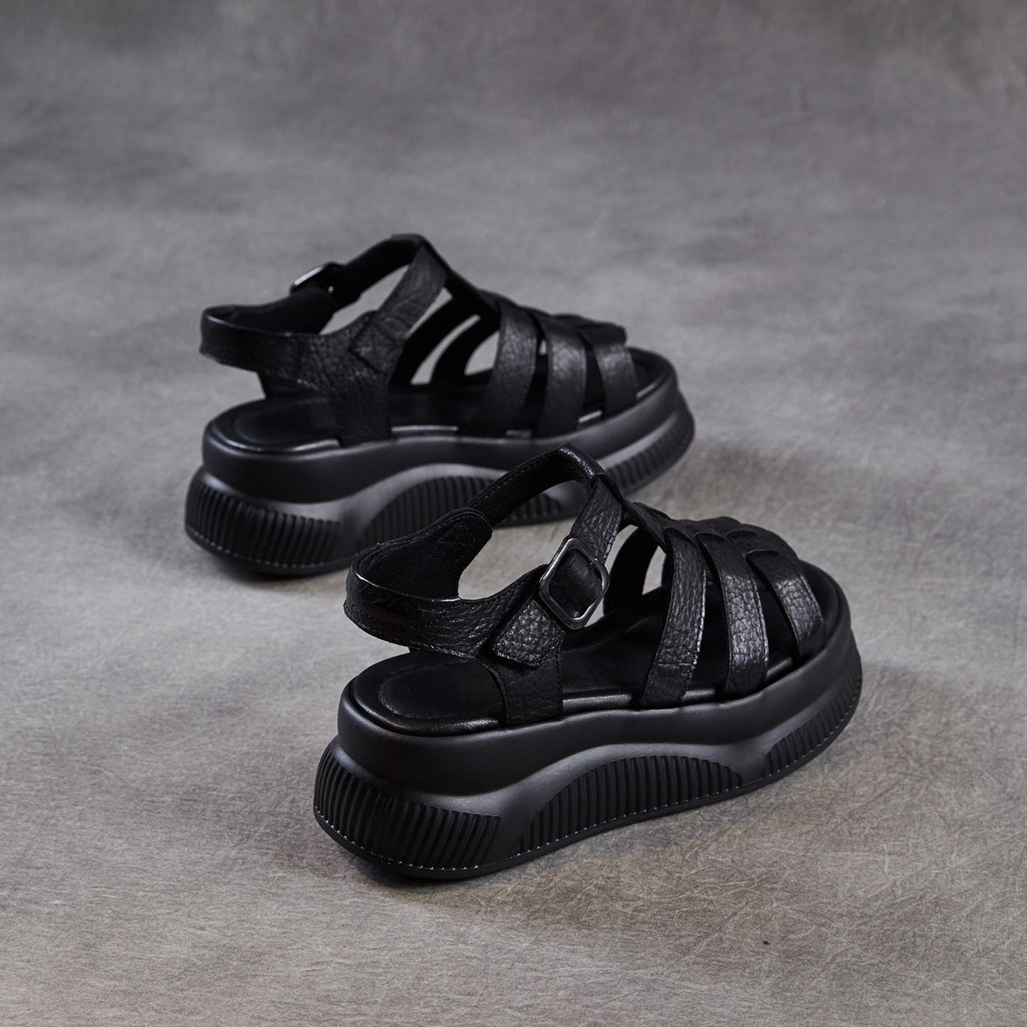 Women's Retro Leather Roman Sandals Vintage Round Toe Platform Chunky Platform Heels