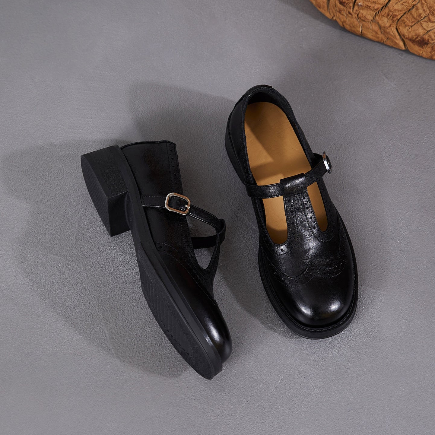 Women's Brogue T-Strap Mary Janes - Unlined Cowhide Leather - Block Heel