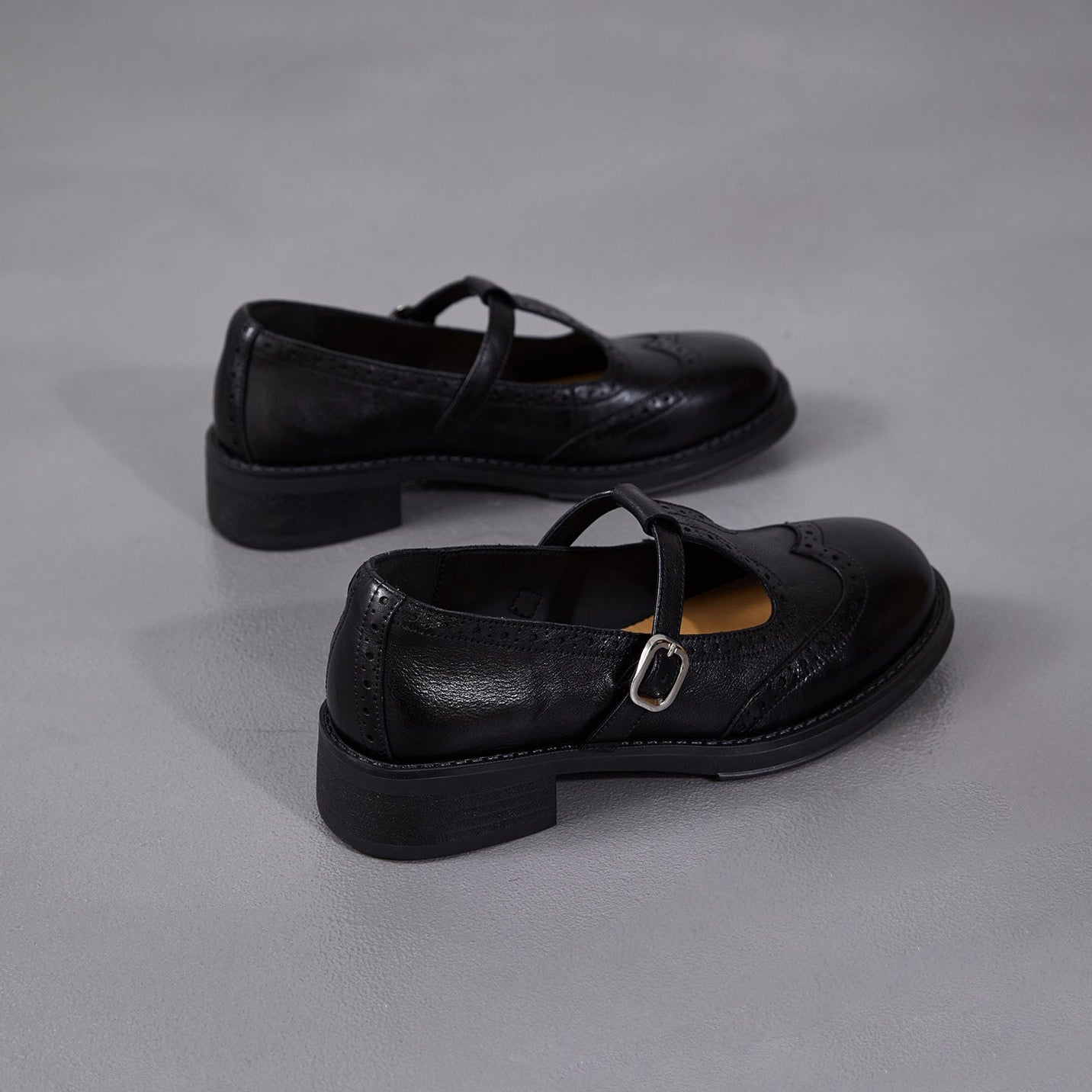 Women's Brogue T-Strap Mary Janes - Unlined Cowhide Leather - Block Heel