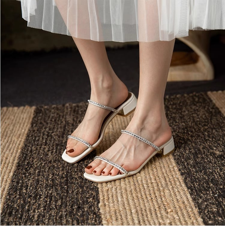 Women's Rhinestone Low Heel Sandals – Minimalist French Style for Summer