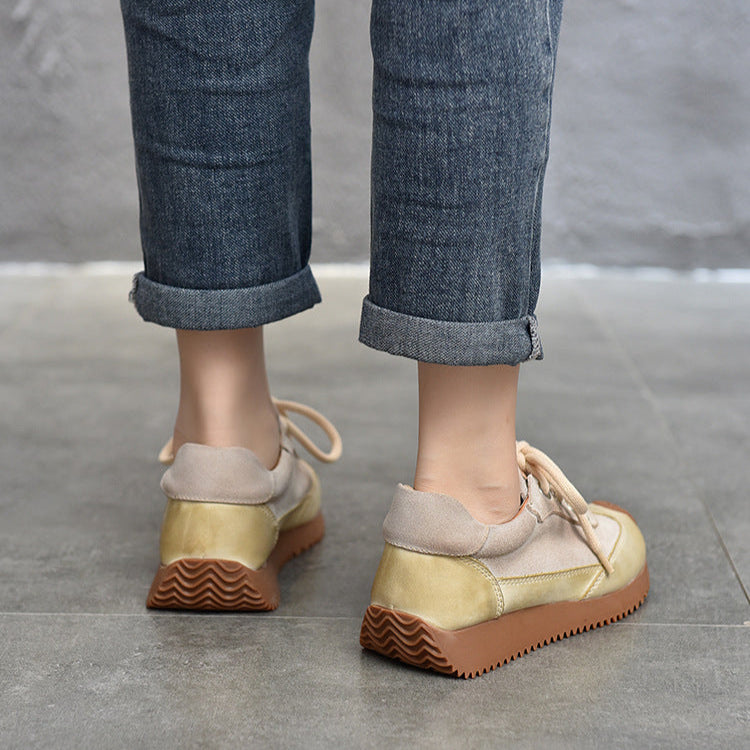 Women's Leather Patchwork Sneakers – Retro Casual Shoes