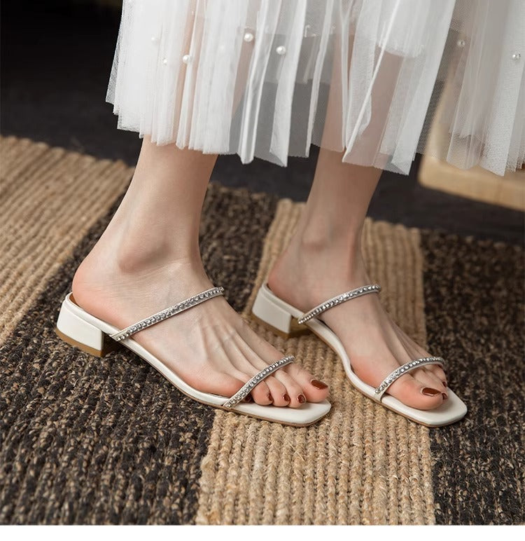 Women's Rhinestone Low Heel Sandals – Minimalist French Style for Summer