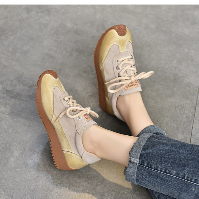 Women's Leather Patchwork Sneakers – Retro Casual Shoes