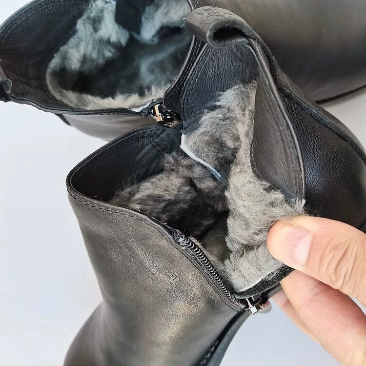 Women's Genuine Leather Ankle Boots Low Block Heel Side Zip Ankle Booties