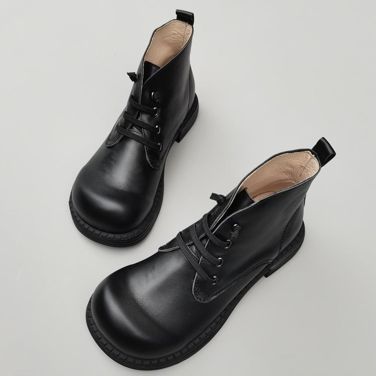 Women's Vintage Wide Toe Leather Derby Ankle Boots – Lace-Up Short Shoes