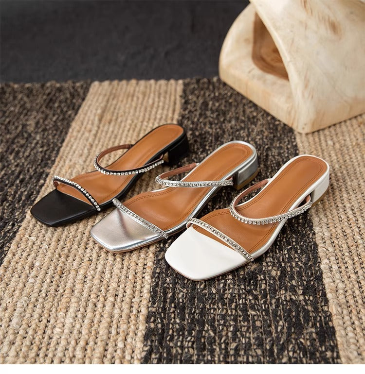 Women's Rhinestone Low Heel Sandals – Minimalist French Style for Summer