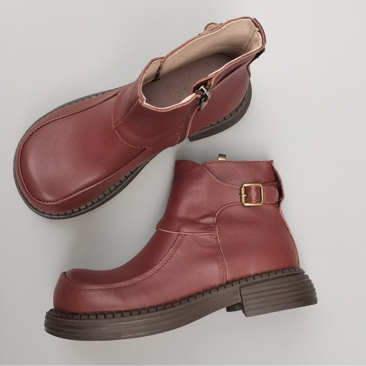 Women's Vintage Wide Toe Derby Boots – Handmade Leather Zipper Short Boots