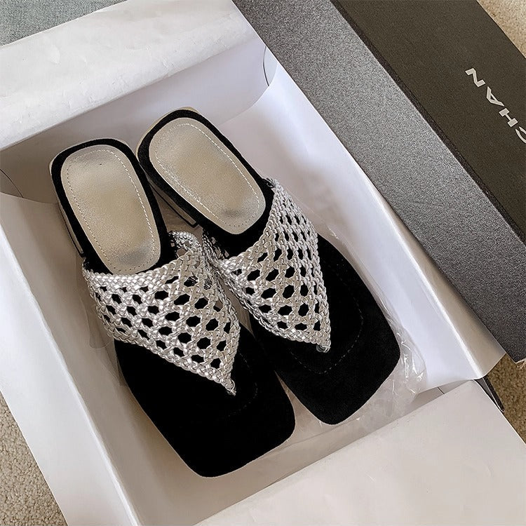Women's Mesh Mid Heel Slide Sandals – Block Heel Toe Loop Design