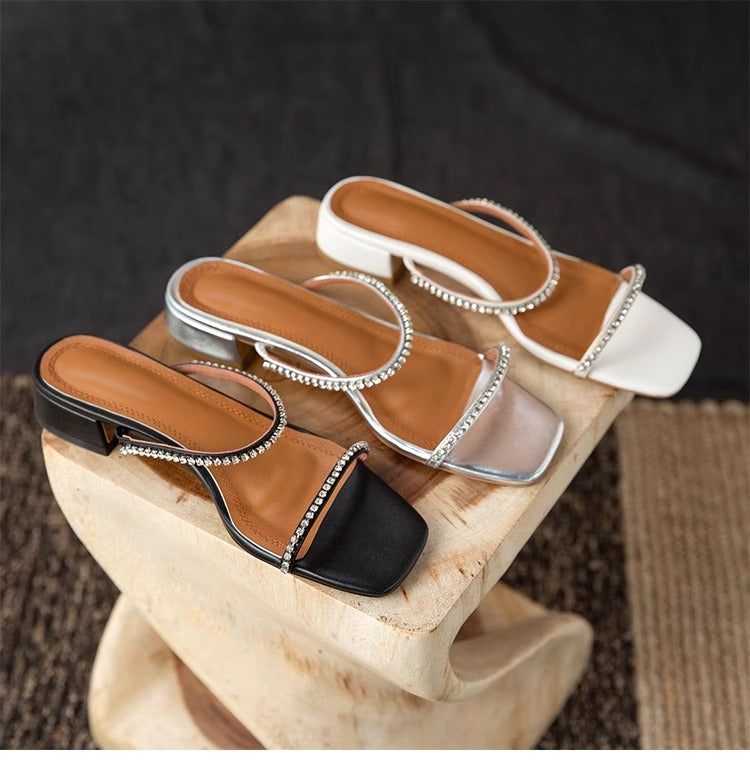 Women's Rhinestone Low Heel Sandals – Minimalist French Style for Summer
