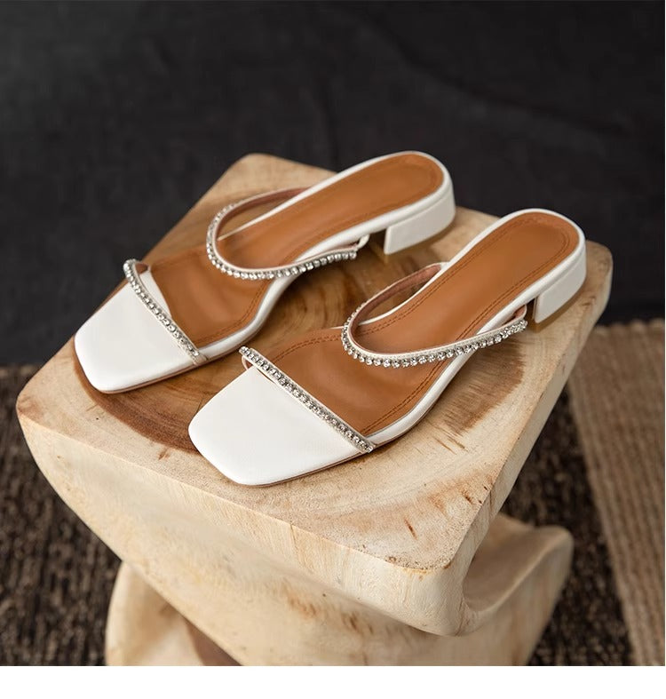Women's Rhinestone Low Heel Sandals – Minimalist French Style for Summer