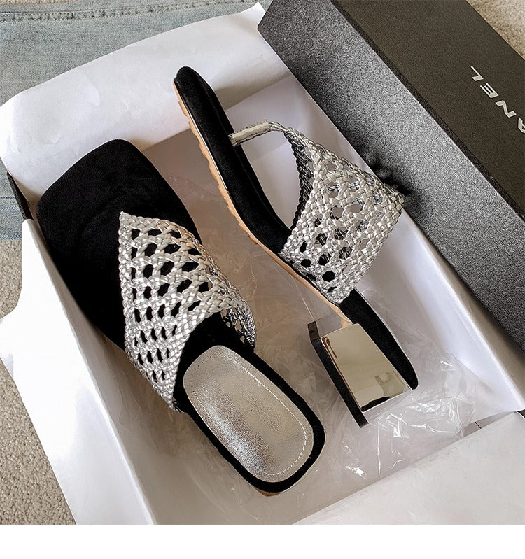Women's Mesh Mid Heel Slide Sandals – Block Heel Toe Loop Design