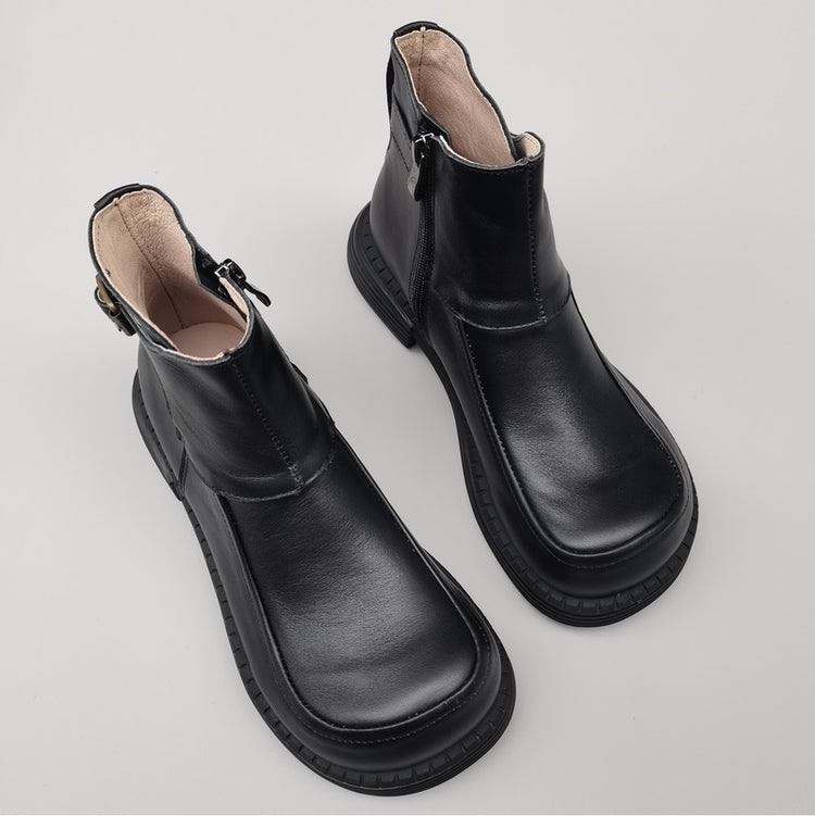 Women's Vintage Wide Toe Derby Boots – Handmade Leather Zipper Short Boots